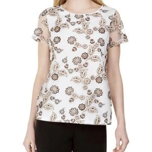 NWT Calvin Klein Embroidered Mesh-Sleeve Top